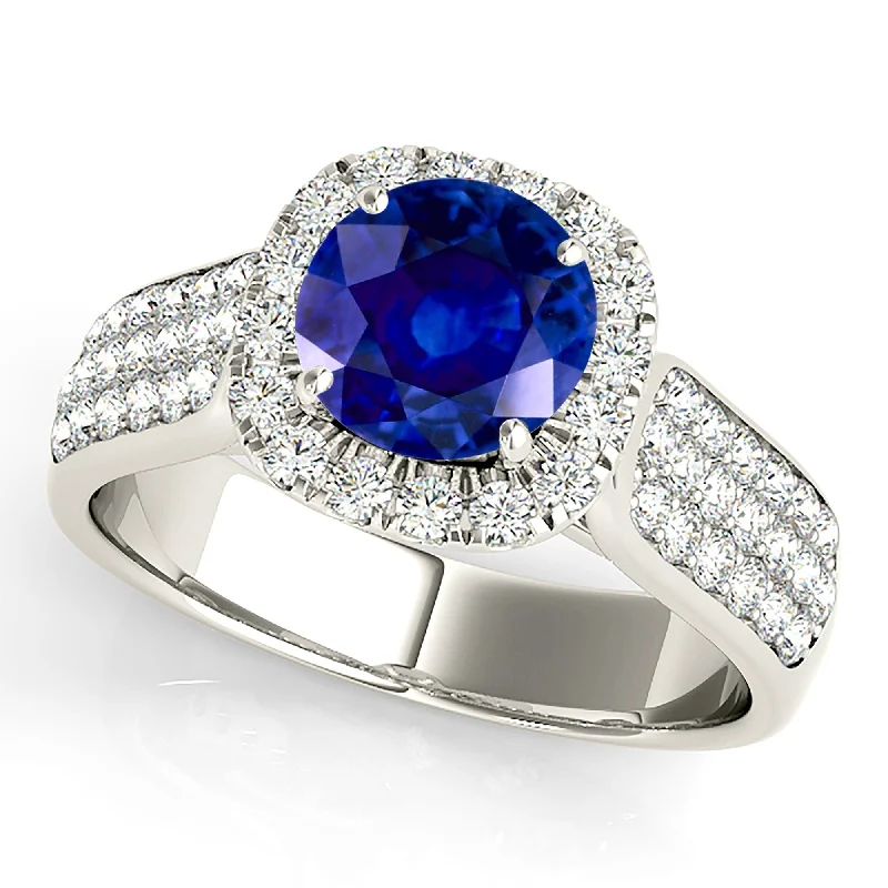 modern diamond rings for women -1.35 ct. Genuine Blue Round Sapphire Ring Cushion Halo Style