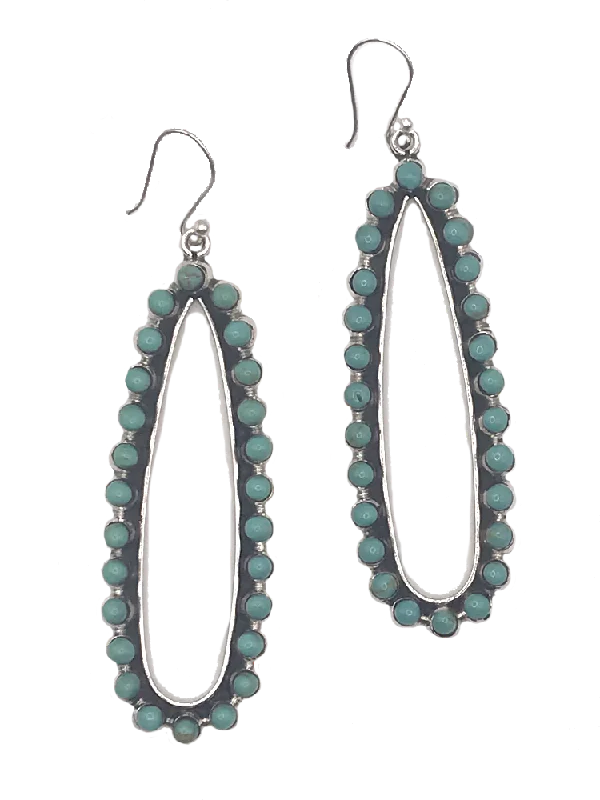 vintage statement earrings for women -Stylish Long Oval Sterling + Turquoise Drop Earrings