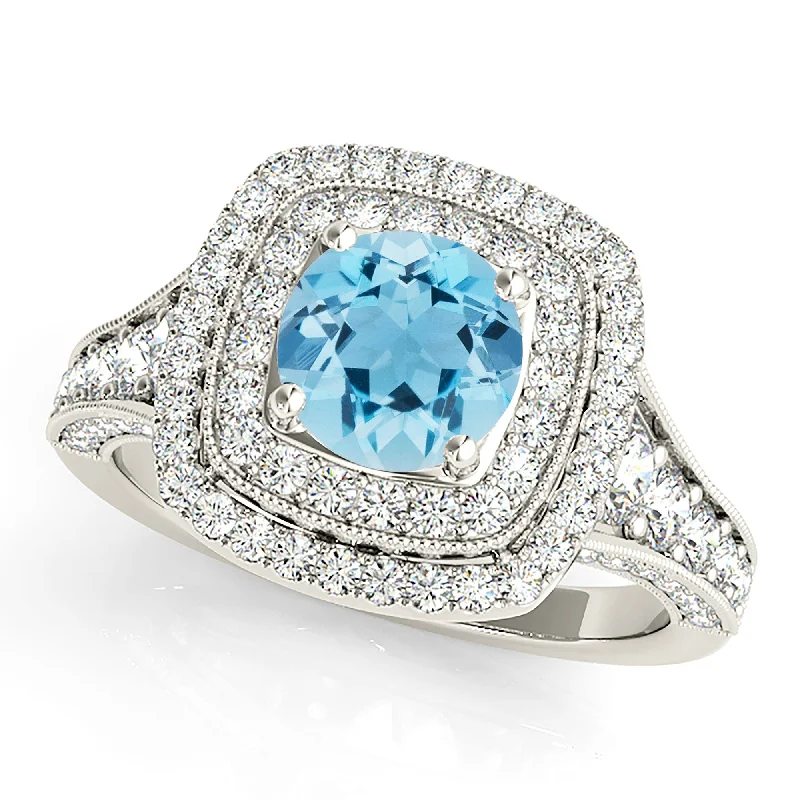 women’s wedding bands with diamonds -1.10 ct. Genuine Aquamarine Ring With Double Row Halo