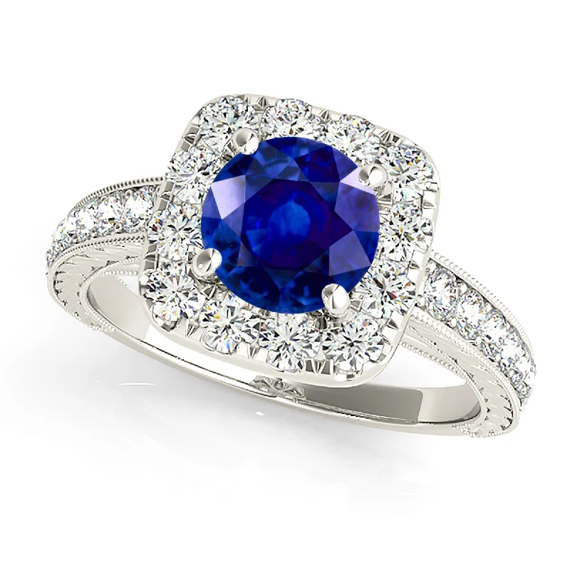 women’s vintage wedding rings -2.40 ct. Genuine Blue Sapphire Gallery Work Halo Ring