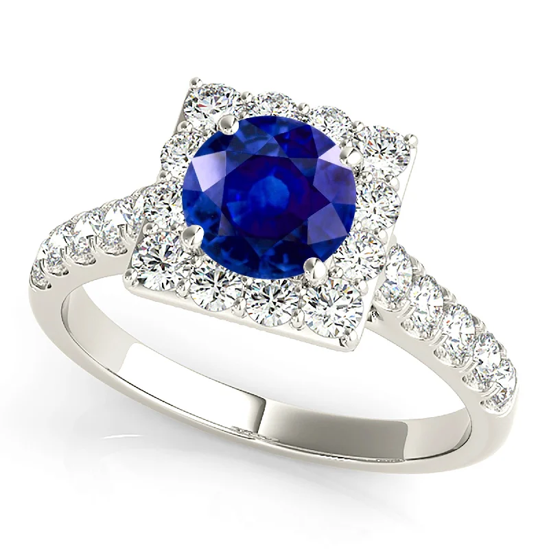 women’s wedding rings with emeralds -1.35 ct. Genuine Round Blue Sapphire Square Halo Ring