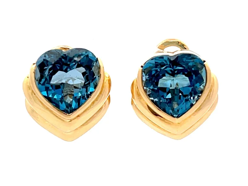 diamond stud earrings for women -Blue Heart Shaped Topaz Earrings in 18K Yellow Gold