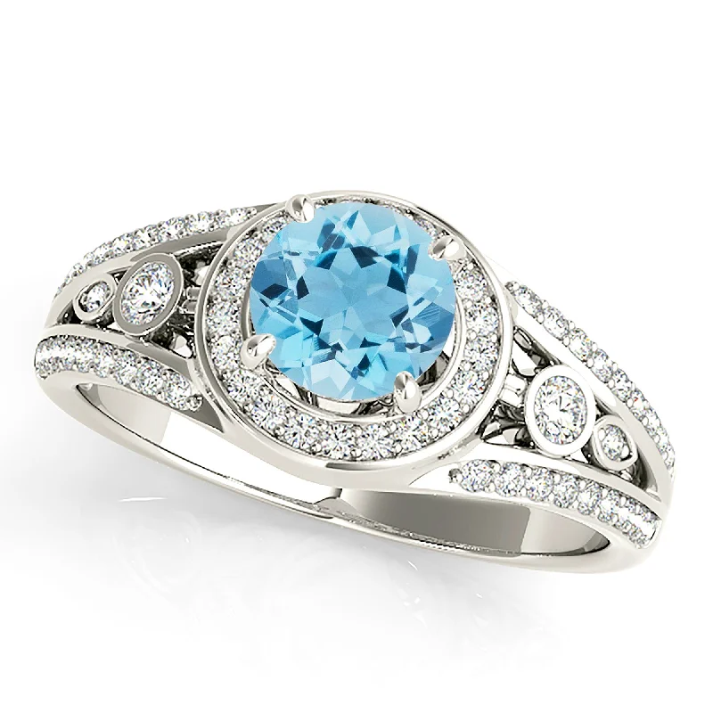 silver wedding rings for women -1.10 ct. Genuine Aquamarine Ring With Halo and V Shape Band