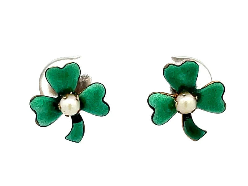 dangle earrings for women -3 Leaf Clover and Pearl Green Enamel Earrings in 14k Gold