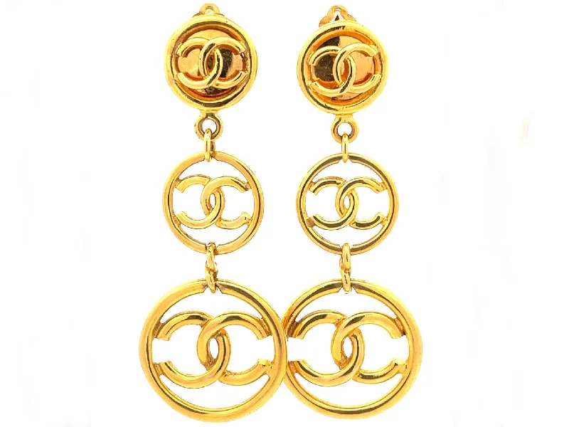 cubic zirconia hoop earrings for women -CHANEL Vintage Three Tier CC Logo Charm Long Dangle Drop Earrings