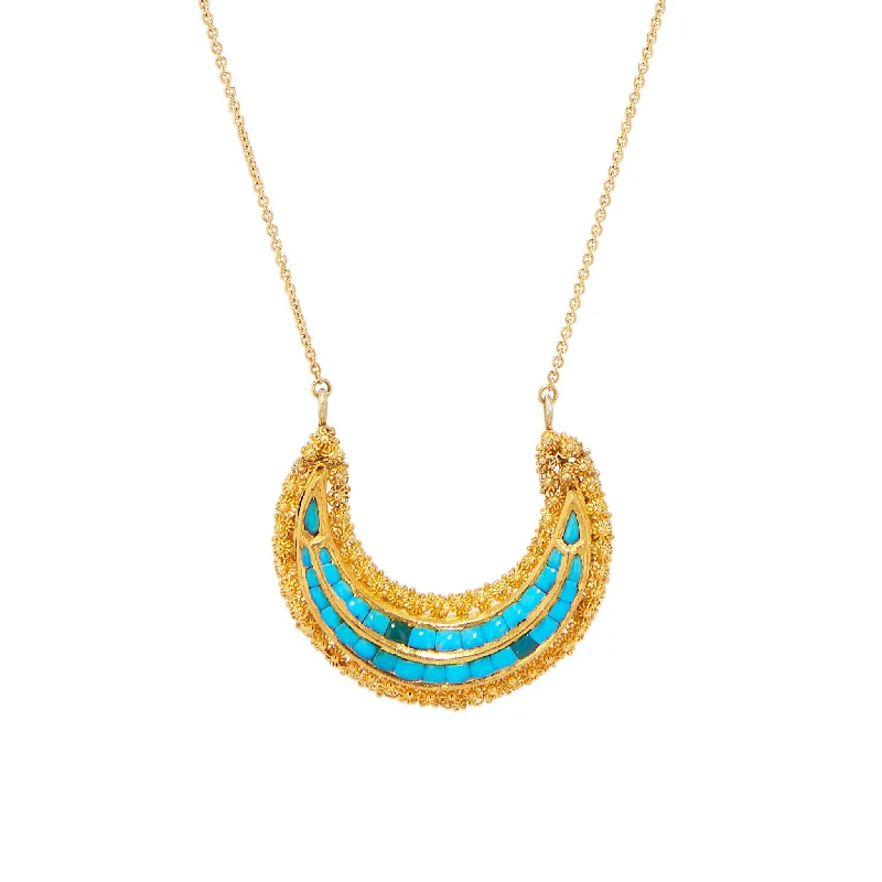 unique necklaces for women -Victorian Natural Turquoise Yellow Gold Crescent Shape Pendant Necklace