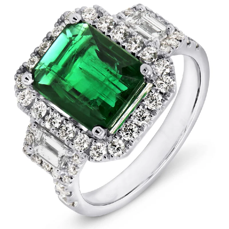 personalized engagement rings for women -Uneek Precious Collection 3-Stone-Halo Emerald Cut Emerald Fashion Ring