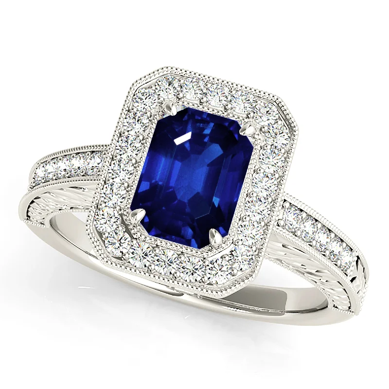 silver wedding rings for women -1.15 ct. Genuine Blue Emerald Cut Sapphire Ring with Milgrain Halo Style