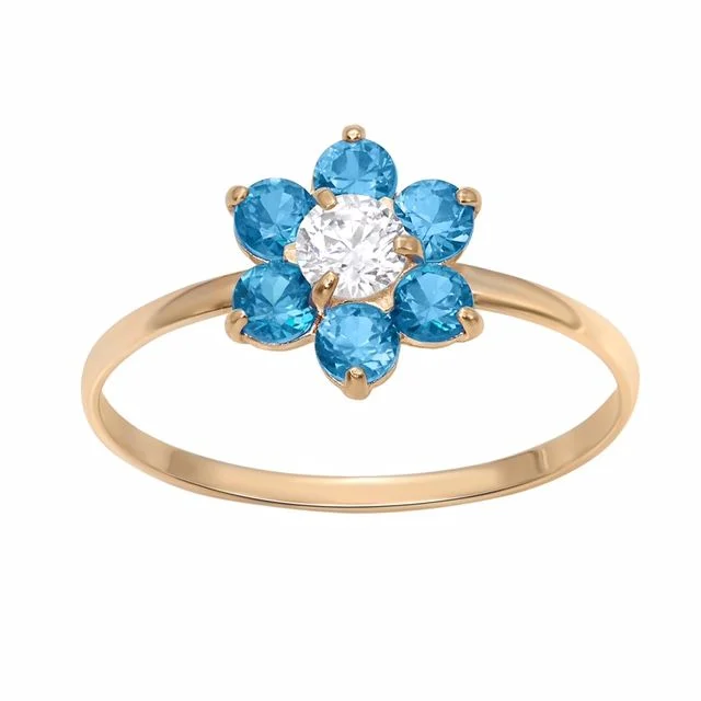 engraved wedding rings for women -10KT Yellow Gold Blue Topaz Childrens Birthstone Flower Ring; Size 3