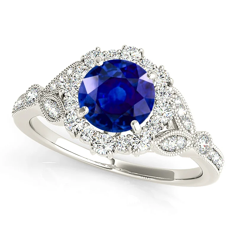 unique birthstone rings for women -1.35 ct. Genuine Blue Sapphire Halo Milgrain Flower Ring