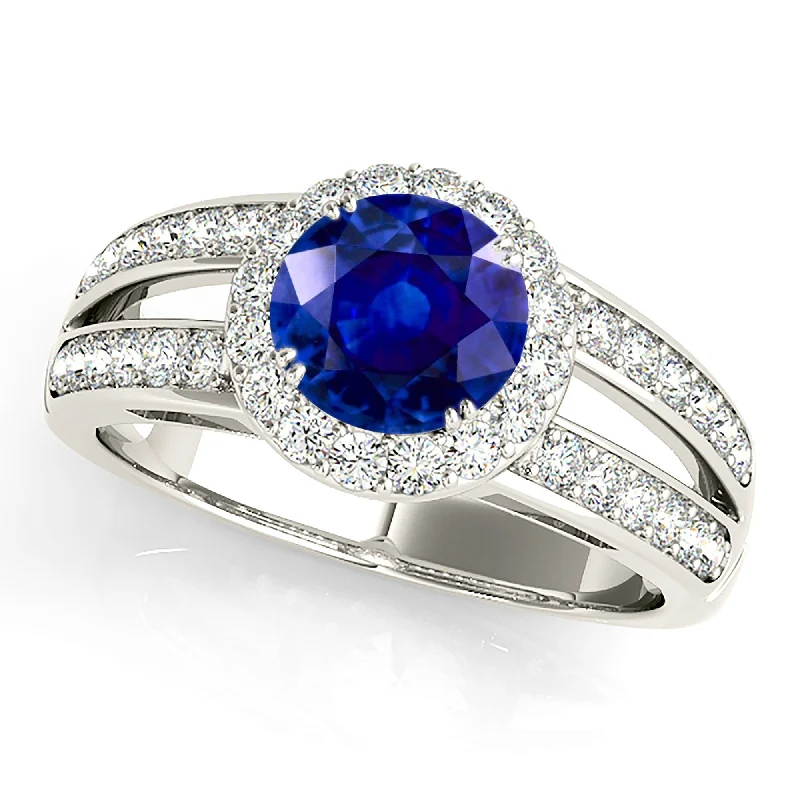 multi-stone engagement rings for women -1.35 ct. Genuine Blue Sapphire Split Shank Halo Ring