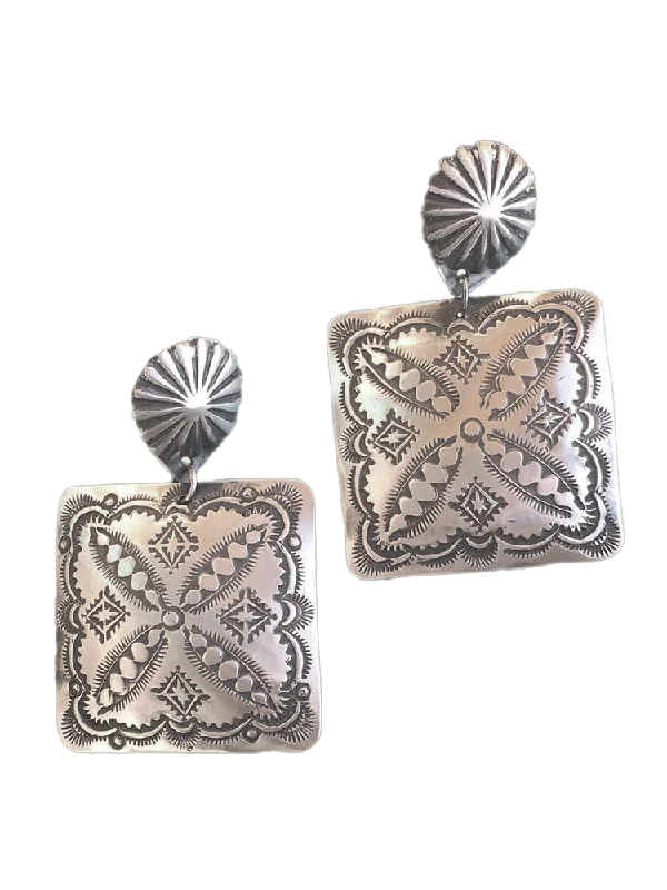 oversized earrings for women -Square Shield Drop Post Earrings