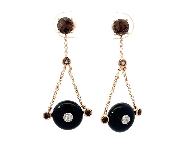 women’s colorful gemstone drop earrings -Round Black Agate Diamond and Smoky Topaz Dangly Earrings 14k Rose Gold