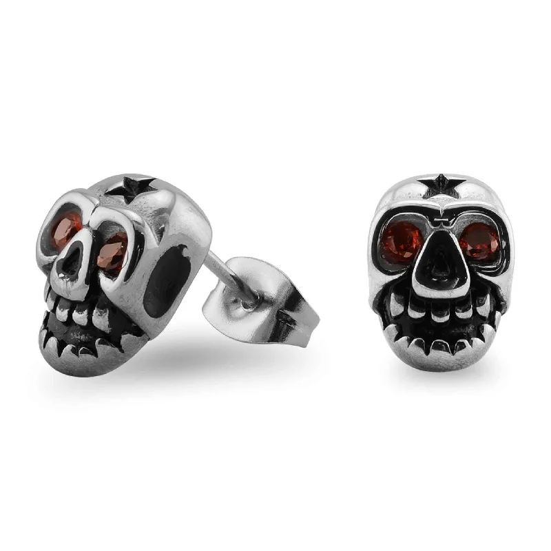 delicate gemstone earrings for women -delicate gemstone earrings for women -Stainless Steel Dark Red CZ Skull Eyes Post Earrings / ERC1011