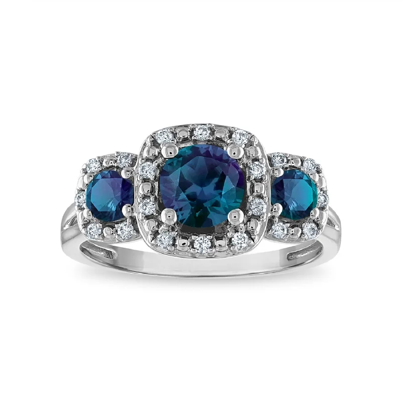 floral engagement rings for women -LoveSong EcoLove Round Alexandrite and Sapphire Three Stone Halo Ring in 10KT White Gold