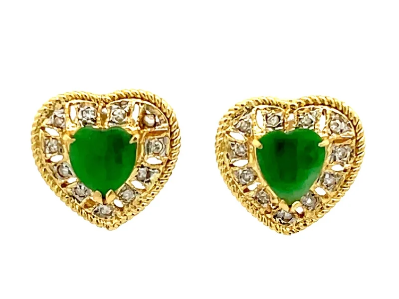 cubic zirconia earrings for women -Green Apple Jade Heart Shaped Earrings with Diamond Halos in 18K Yellow Gold