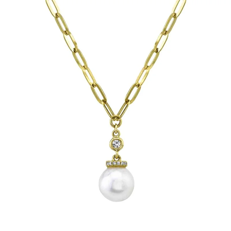 heart-shaped necklaces for women -Yellow Gold Diamond Pearl Drop Pendant Paperclip Necklace