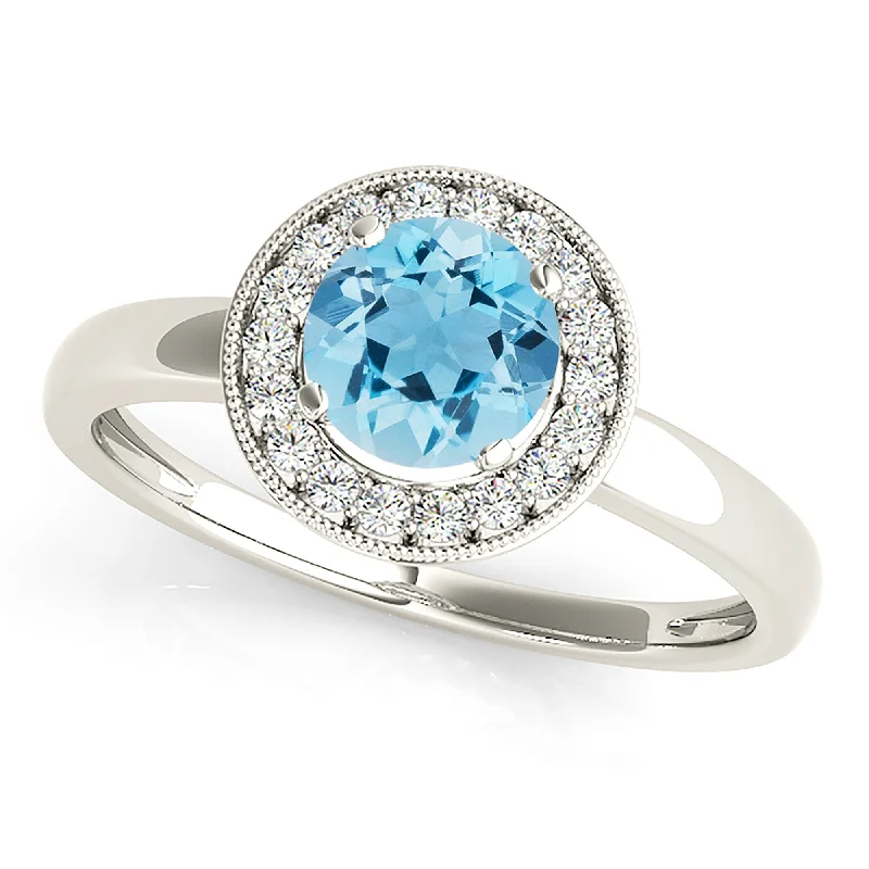 platinum wedding rings for women -1.10 ct. Genuine Aquamarine Ring With Bezel Set Halo, Milgrain Design