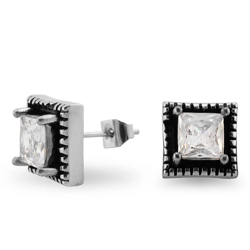 chunky earrings for women -chunky earrings for women -Stainless Steel Square CZ Earrings / ERC1019