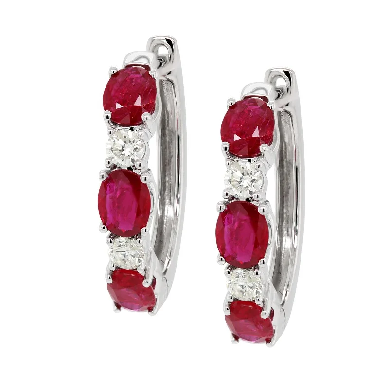 colorful gemstone earrings for women -colorful gemstone earrings for women -WHITE GOLD HOOP EARRINGS WITH OVAL RUBIES AND ROUND DIAMONDS, .34 CT TW