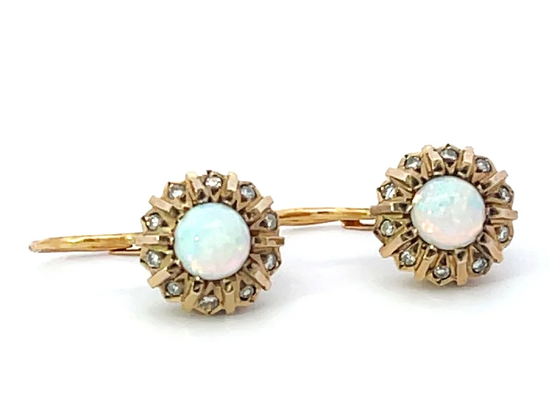 diamond stud earrings for women -100 Year Old Antique Opal Diamond Earrings 14k Yellow Gold