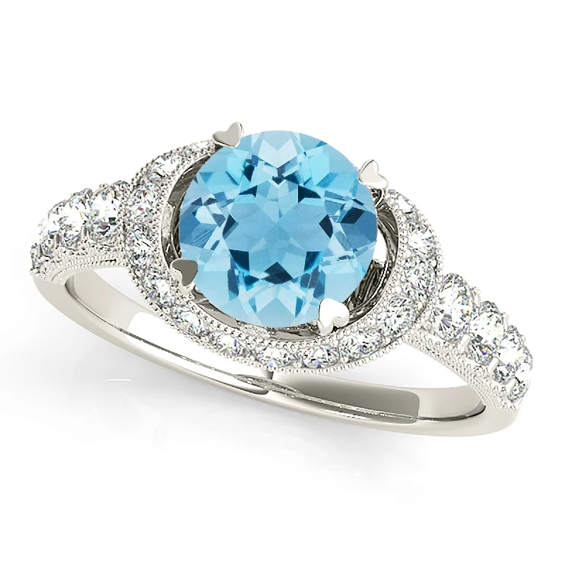 colored gemstone engagement rings for women -1.10 ct. Genuine Aquamarine Ring With East-West Oval Halo