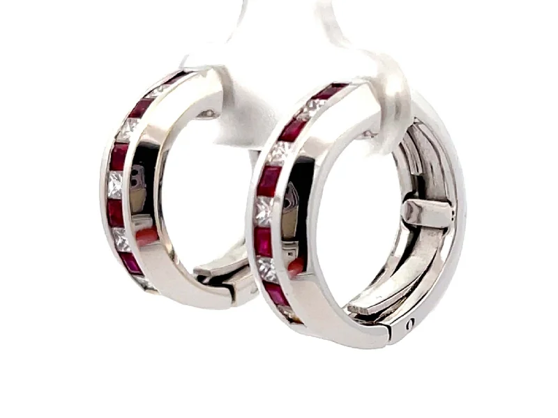 gold dangle earrings for women -Channel Set Ruby and Diamond Hoop Earrings 18k White Gold