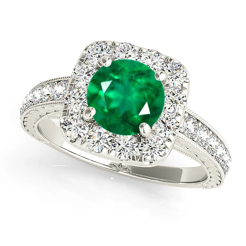 unique gemstone rings for women -2.00 ct. Genuine Round Emerald Ring With Halo and With Milgrain Design