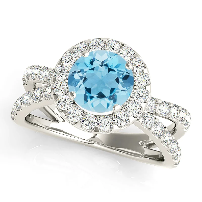 white gold engagement rings for women -1.75 ct. Genuine Aquamarine Ring With Halo And Criss-Cross Split Band