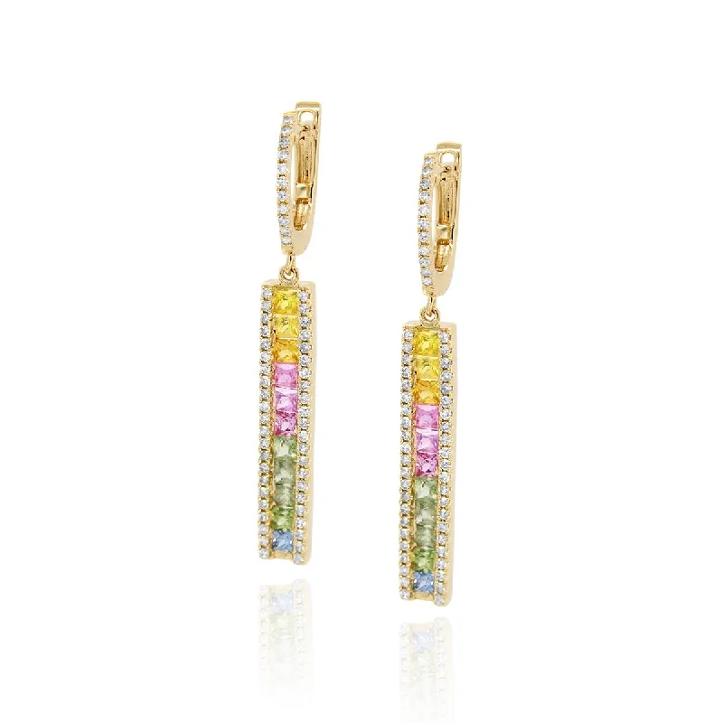 elegant gold earrings for women -elegant gold earrings for women -YELLOW GOLD DANGLE EARRINGS WITH MULTICOLORED SAPPHIRES AND DIAMONDS, .44 CT TW