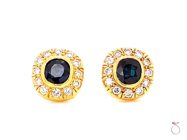 elegant earrings for women -elegant earrings for women -Vintage Blue Sapphire & Diamond Cushion Halo Stud Earrings