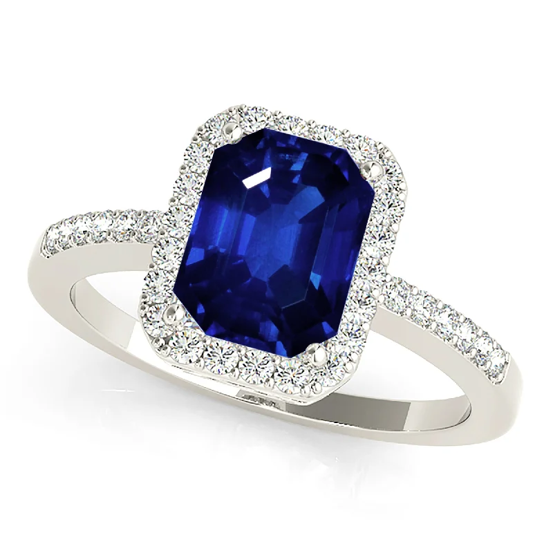 women’s band rings -2.30 ct. Genuine Blue, Emerald Cut Sapphire Ring with Halo Style