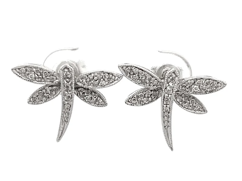 women’s ear piercings with earrings -Diamond Dragonfly Earrings in 14k White Gold