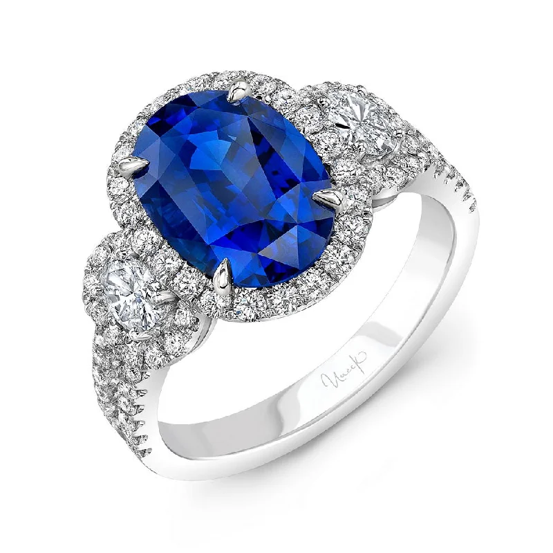 wedding sets for women -Uneek Precious Collection 3-Stone-Halo Oval Shaped Blue Sapphire Fashion Ring