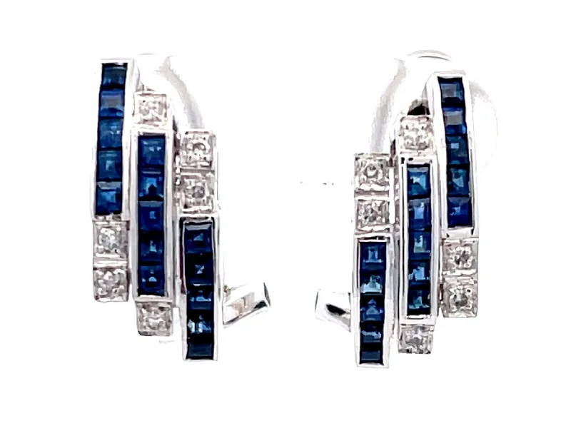 women’s big earrings -Three Row Sapphire and Diamond Huggie Earrings in 18k White Gold