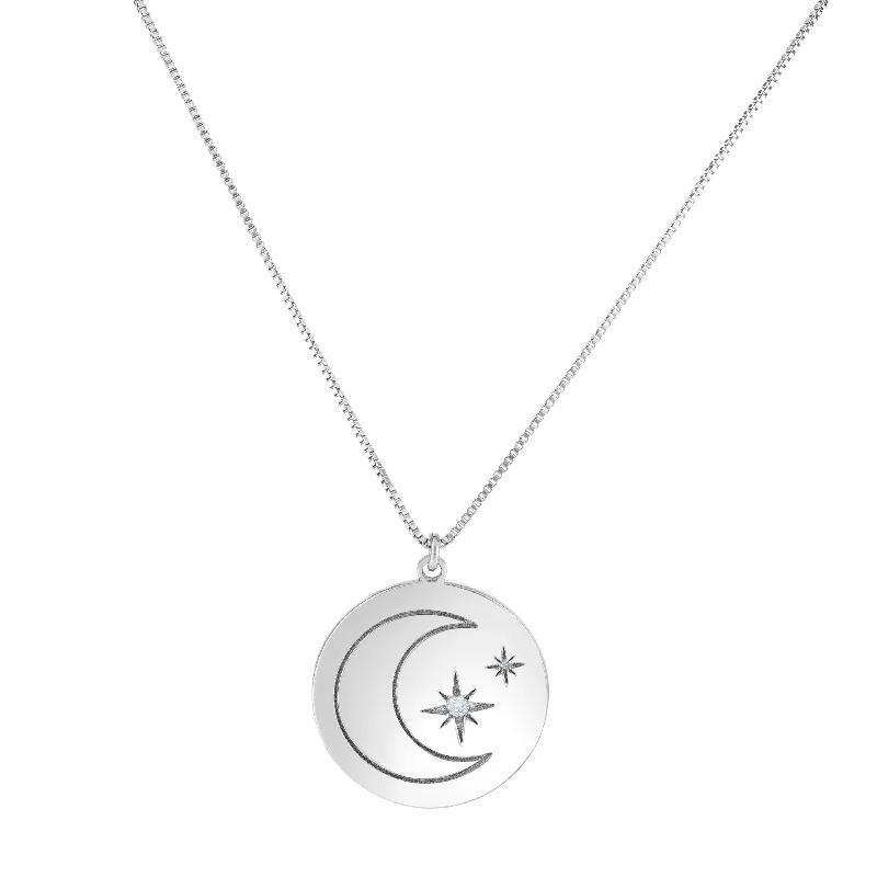 custom name necklaces for women -Silver 18 inches with Rhodium Finish 20.7mm(CE),0.7mm(Ch) Polished Round 2 inches Extender Star & Moon Necklace with Lobster Clasp with 0.0300ct 2mm White Diamond