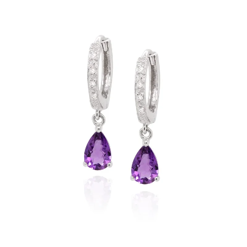 silver earrings for women -silver earrings for women -WHITE GOLD FASHION EARRINGS WITH PEAR SHAPED AMETHYSTS AND DIAMONDS, .04 CT TW