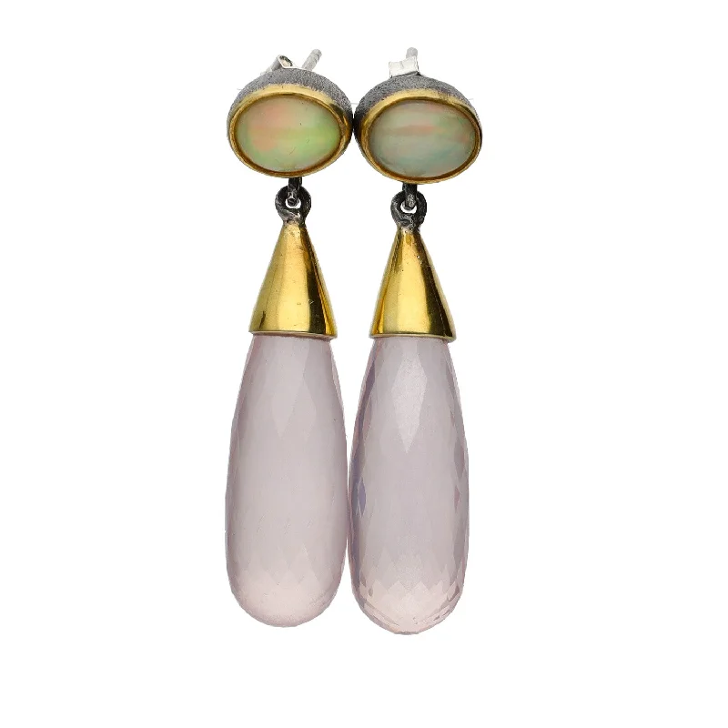 crystal earrings for women -crystal earrings for women -Bora Jewelry of Brooklyn sterling Silver & Bronze Drop Earrings w/Oval Opals & Teardrop Rose Quartz