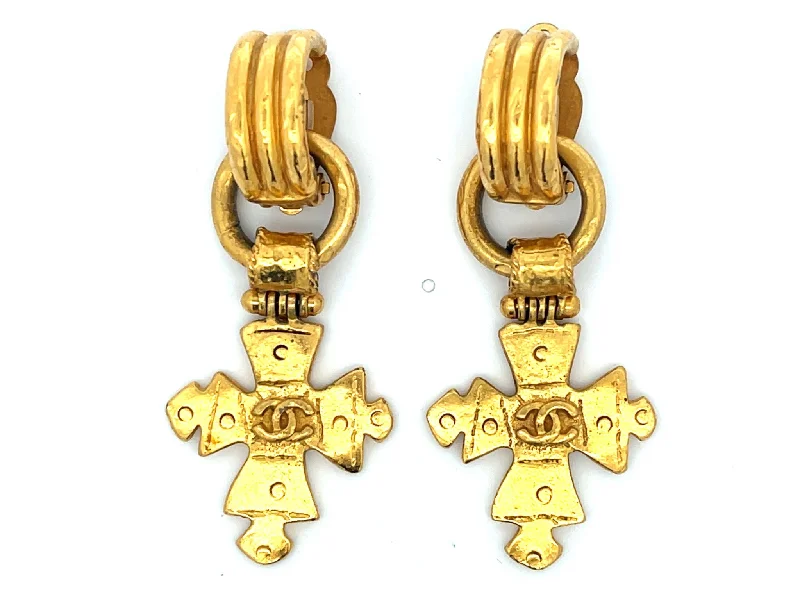 bridal earrings for women -CHANEL Vintage Cross CC Dangly Earrings