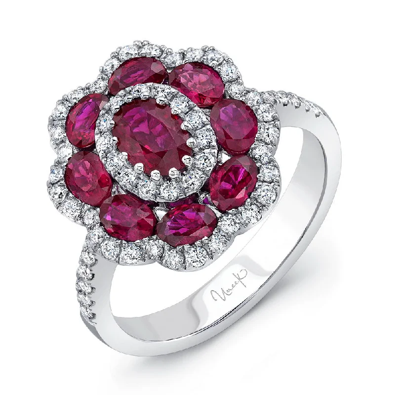 multi-stone engagement rings for women -Uneek Precious Collection Halo Oval Shaped Ruby Fashion Ring