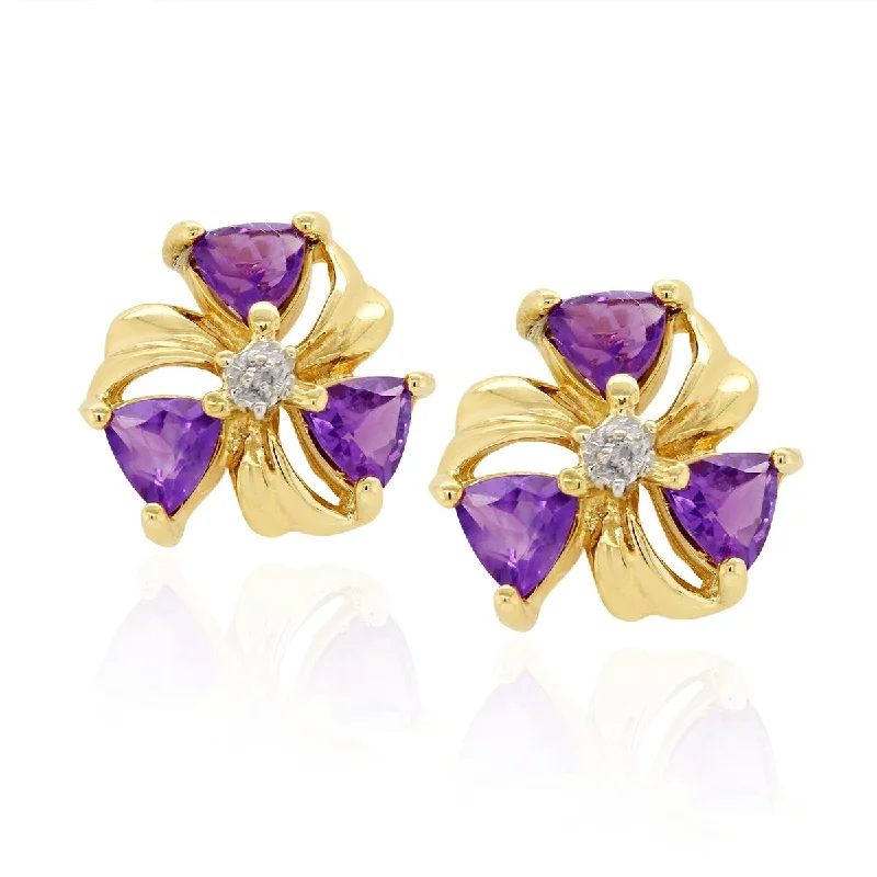 colorful earrings for women -colorful earrings for women -YELLOW GOLD STUD EARRINGS WITH TRILLION CUT AMETHYST AND ROUND DIAMONDS, .01 CT TW