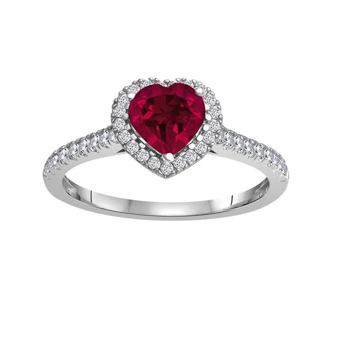 promise rings for women -6MM Heart Shape Ruby and White Sapphire Birthstone Heart Ring in 10KT White Gold