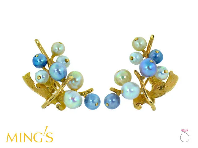 cute heart earrings for women -Ming's Honolulu Multi Color Pearls Branch 14K Gold Earrings