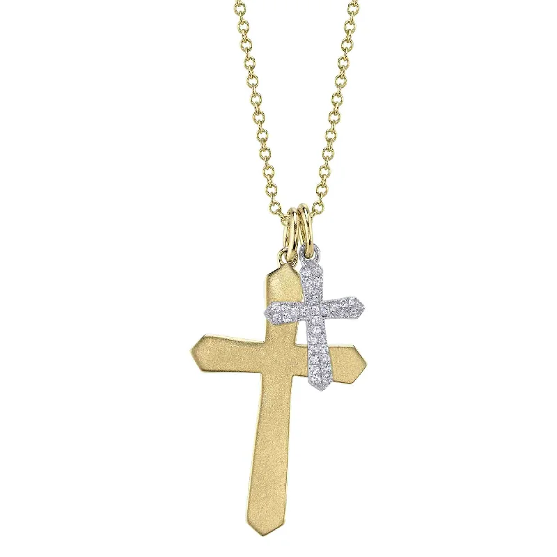 sparkling necklaces for women -14kt Yellow and White Gold Diamond Pave Double Cross Necklace