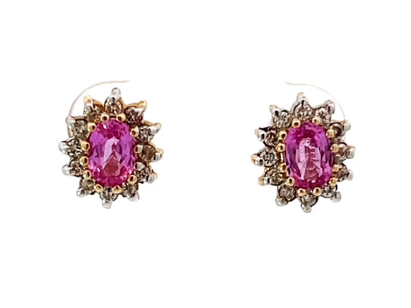 modern earrings for women -Pink Sapphire Diamond Halo Earrings 14K Gold