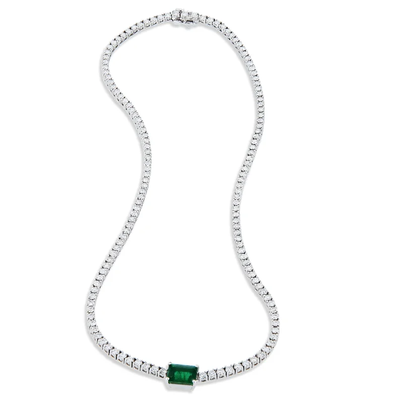 statement necklaces for women -Emerald Cut Zambian Emerald Diamond Tennis Necklace