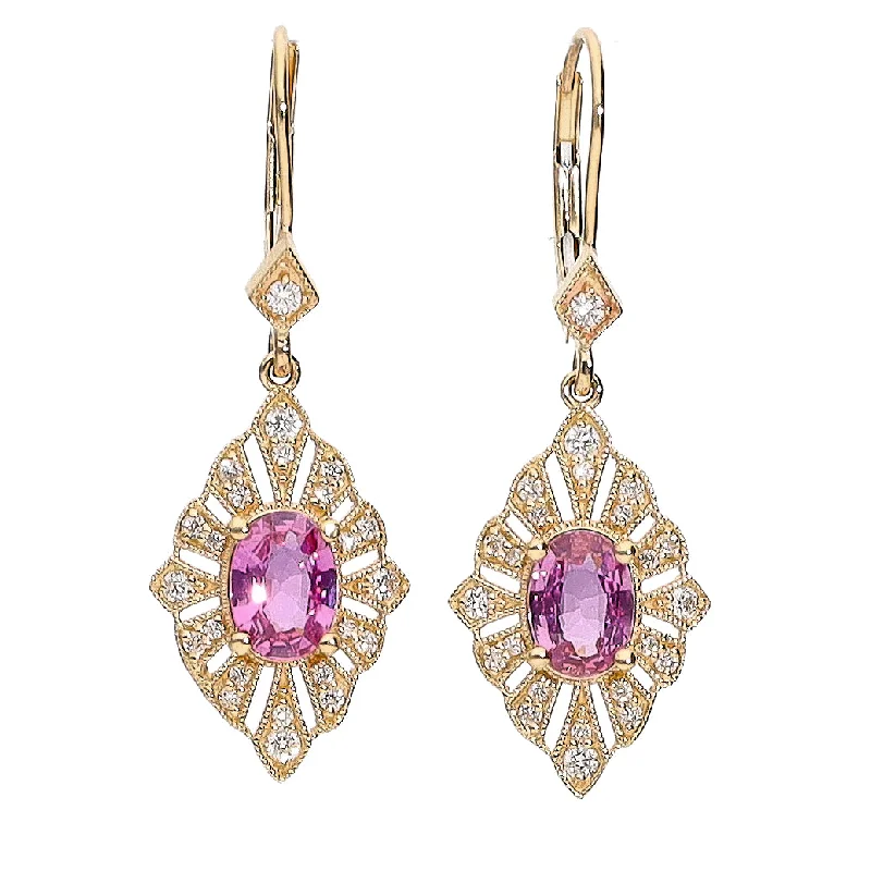 pearl earrings for women -pearl earrings for women -14K Yellow Gold Oval Pink Sapphire and Diamond Leverback Drop Earrings