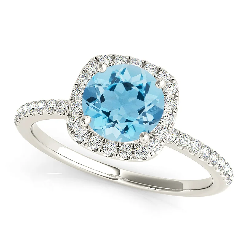 double-band engagement rings for women -1.10 ct. Genuine Round Aquamarine Ring With Cushion Halo