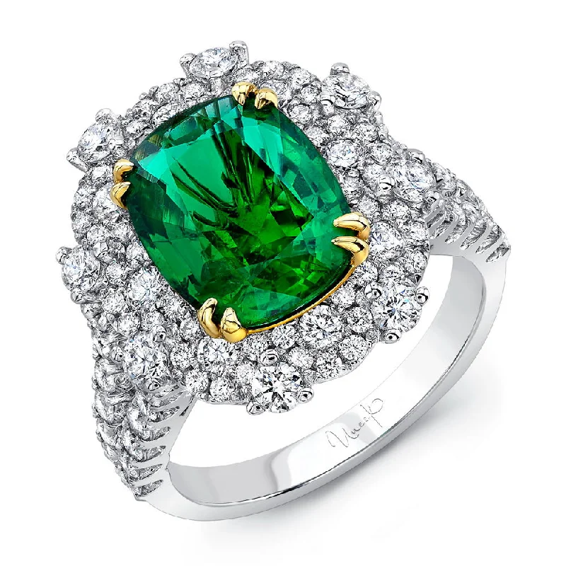 affordable gold engagement rings for women -Uneek Cushion-Cut Emerald Halo Cocktail Ring