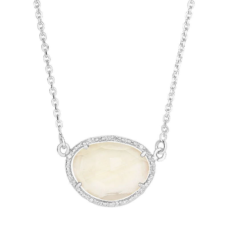 monogram necklaces for women -Silver 17 inches Rhodium Finish 15.9x12mm 4.5ct.Citrine+ 0.055ct.Diamonds Sideways Oval Type Anchor On Oval Link Necklace with Spring Ring Clasp